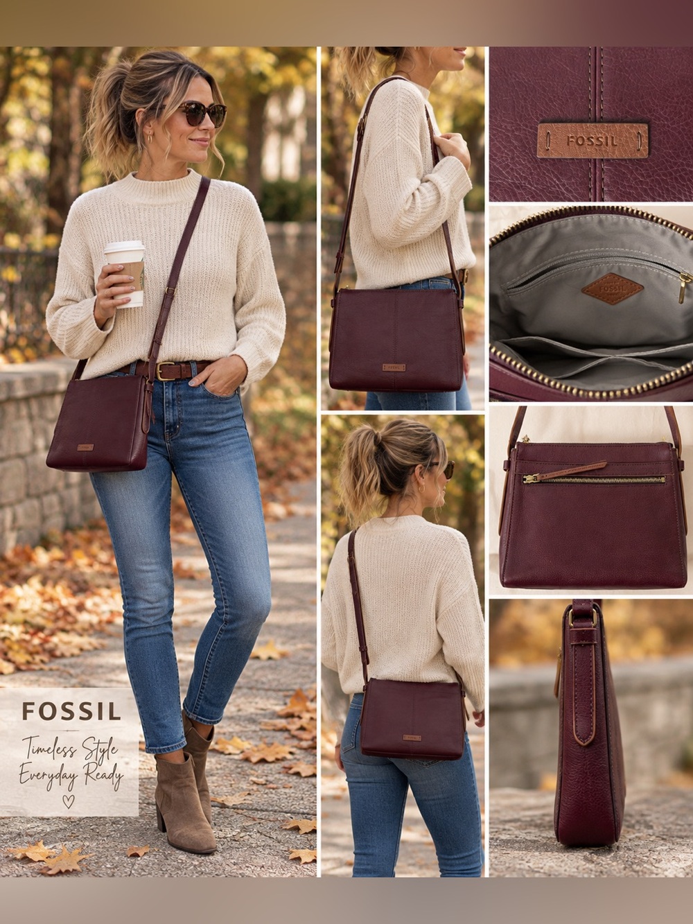 Fossil Burgundy Leather Crossbody Bag Wine Pebbled Leather Purse
